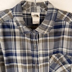 NorthFace Womens Flannel Shirt Blue Gray Tan Plaid Button Up Pocket Outdoor Sz L